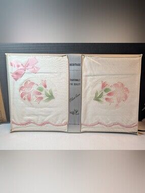 Heritage Cream Pillow Cases with Pink & Green Floral Embroidery Vintage Standard